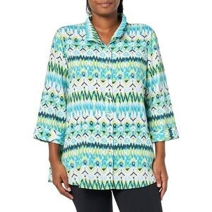 NWT ALI MILES Blue Green Ikat Floral Linen Artsy Toggle Button Up Top SIZE 3X
